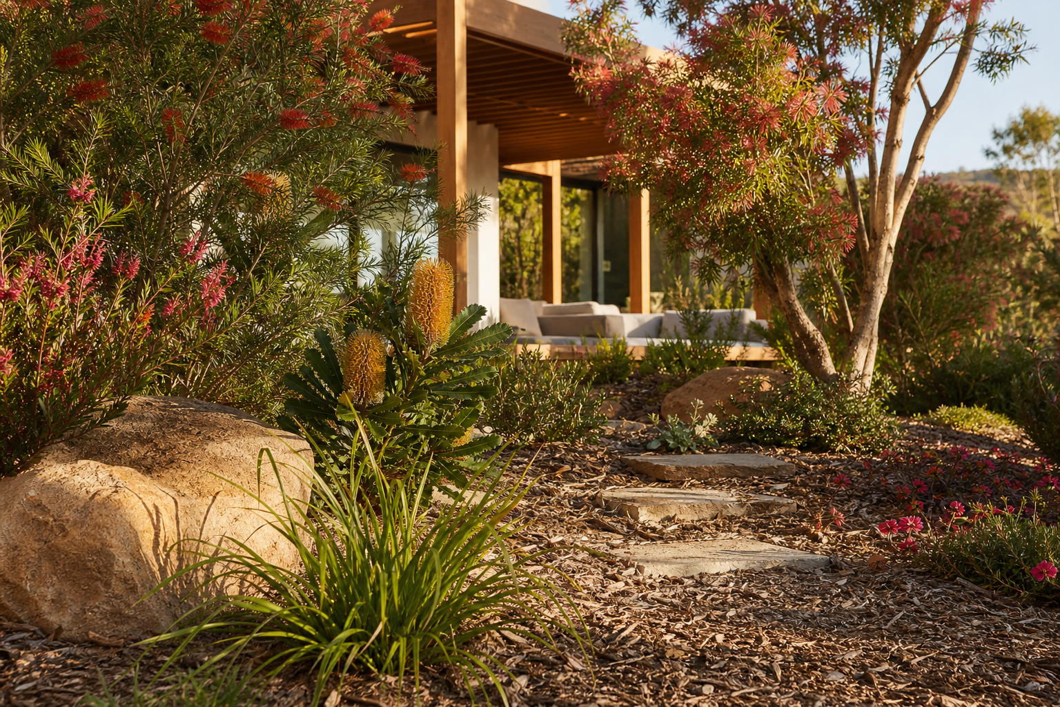 Australian native garden with grevillea and mulch under bright summer sun