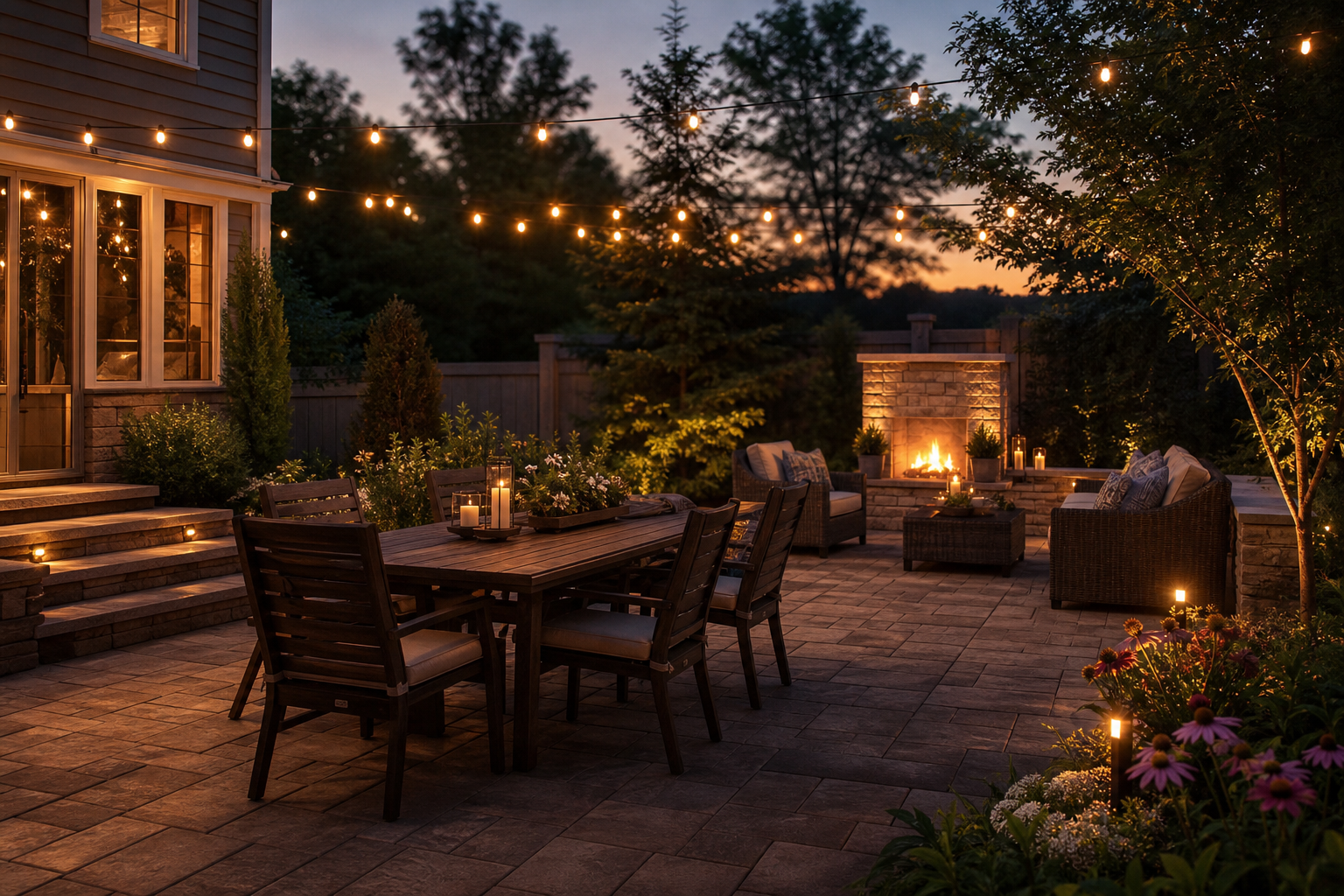 Stone paver patio with outdoor furniture and string lights in a backyard