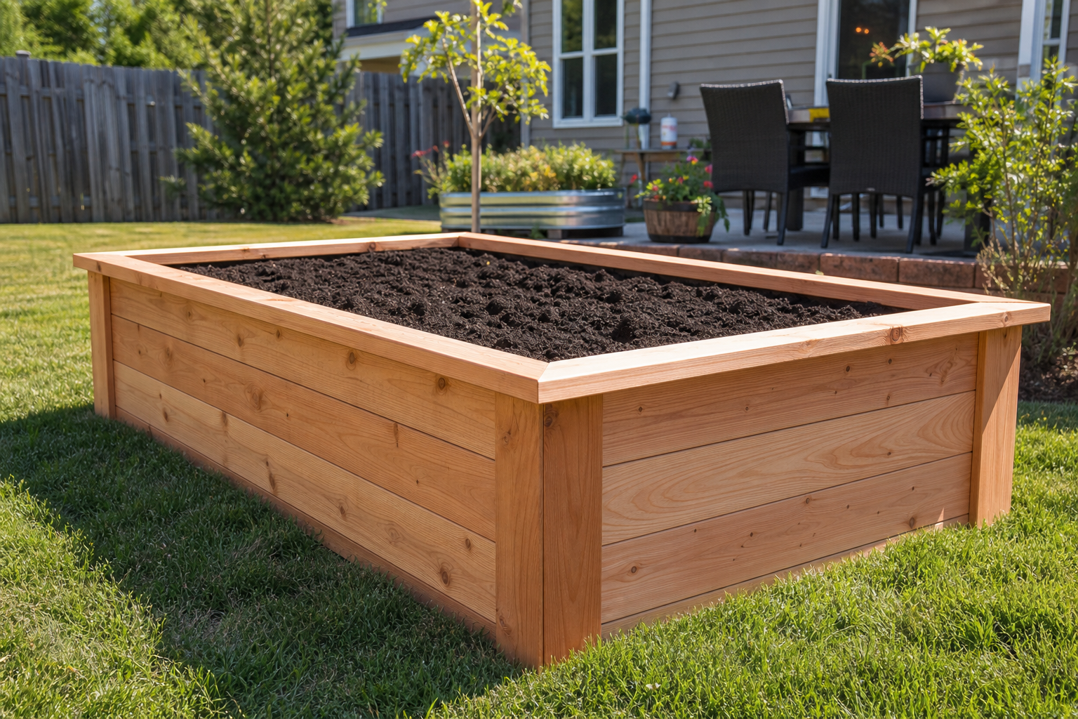 Cedar raised garden bed filled with rich soil in a suburban backyard