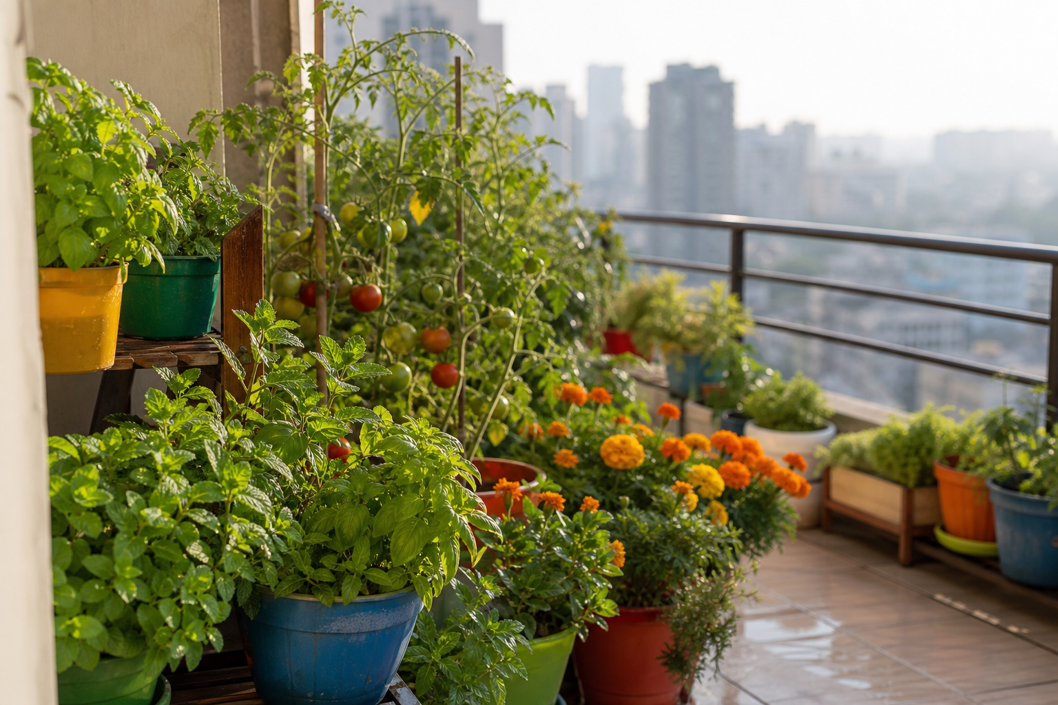 Terrace garden with potted plants and herbs on an Indian apartment balcony