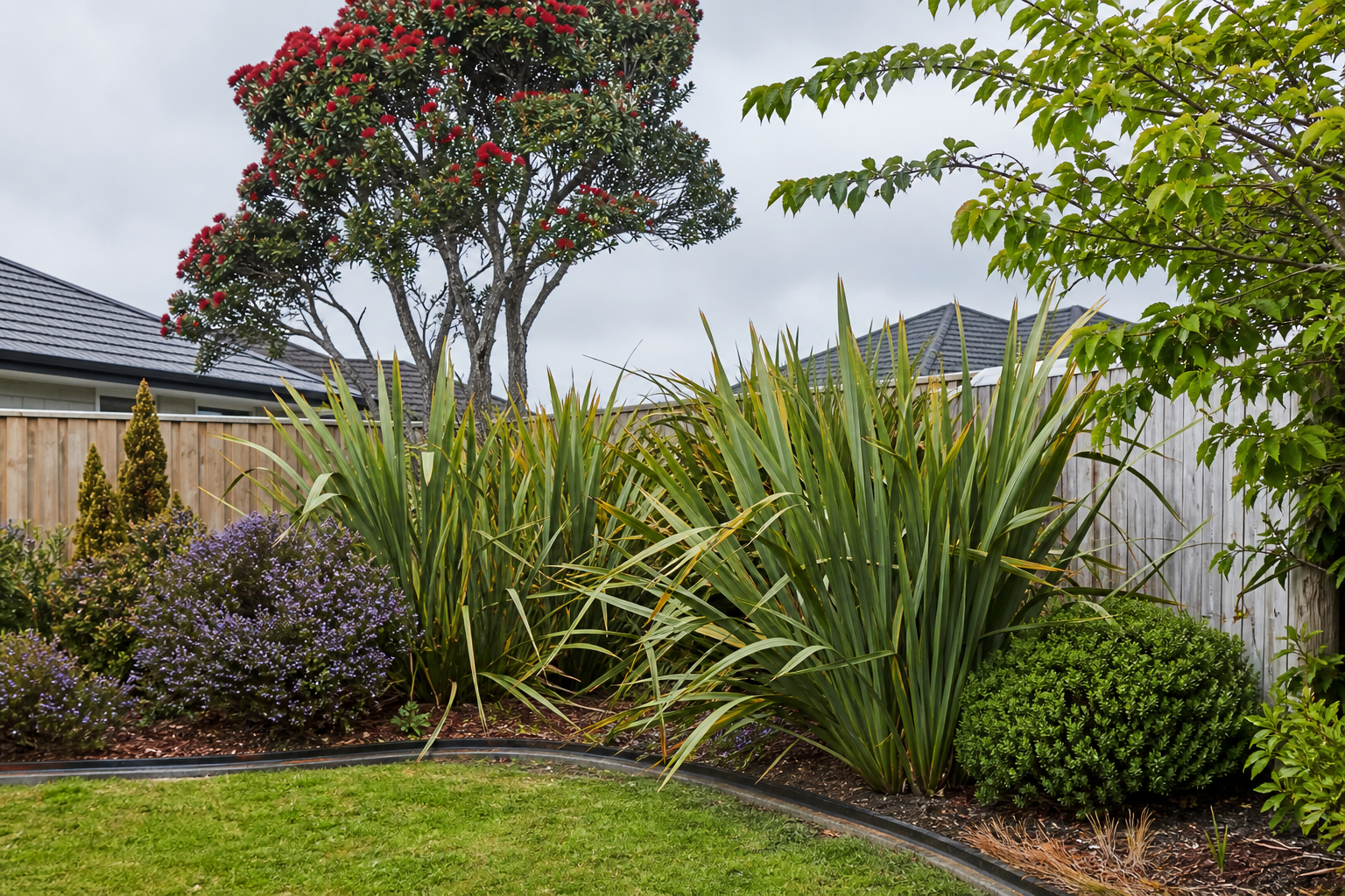 New Zealand suburban garden with native flax, hebe, and pohutukawa near a wooden fence