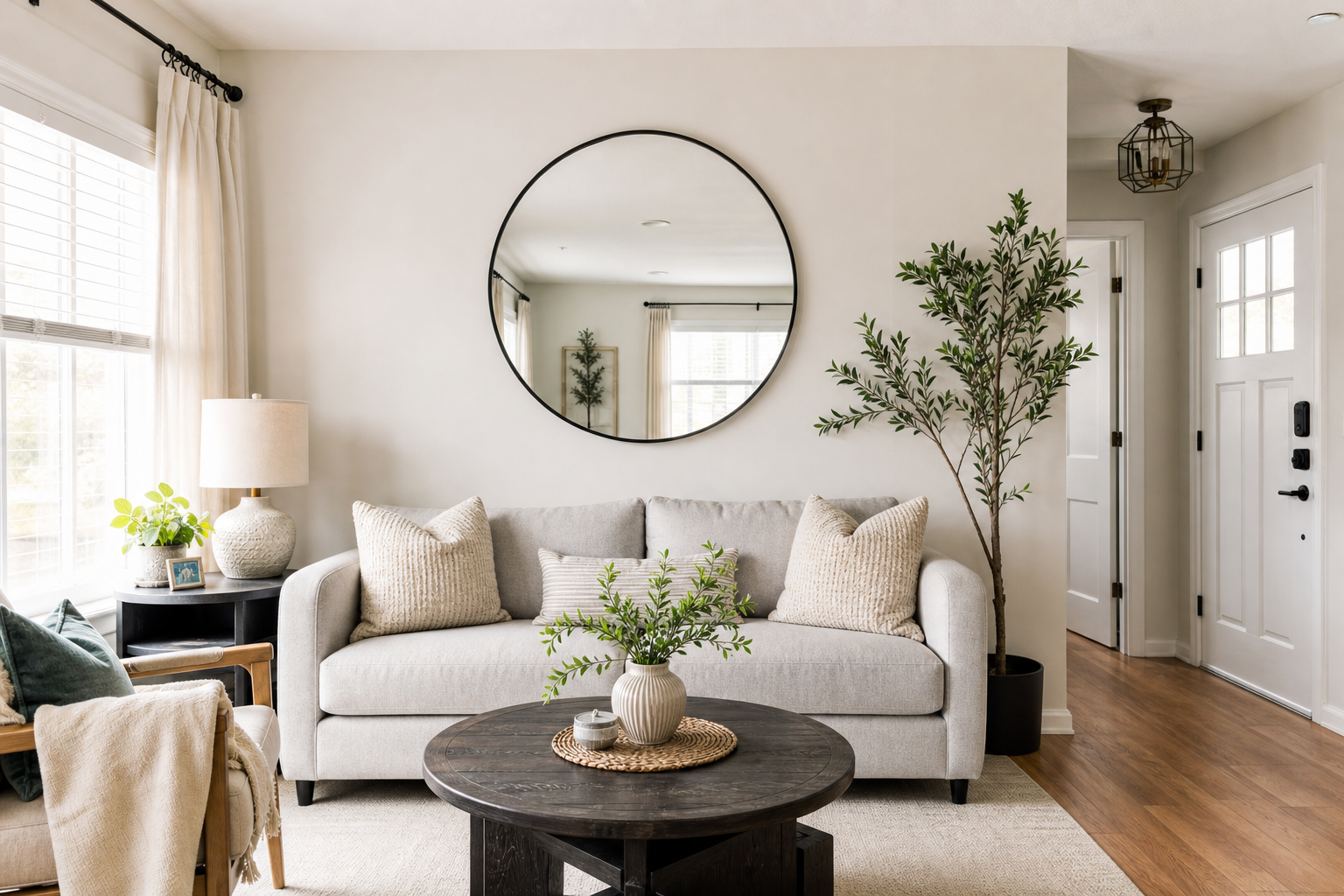Bright small living room with light colors and multi-functional furniture