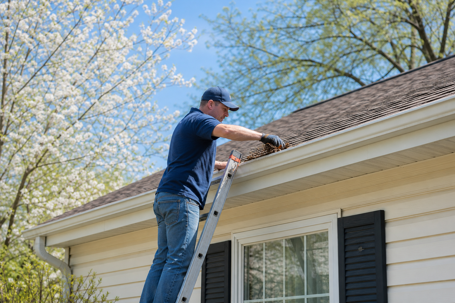 Homeowner cleaning gutters and inspecting roof during spring maintenance